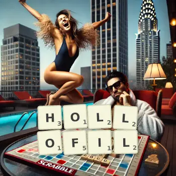 Illustration créative d'un jeu de lettres avec le mot HOLLOFIL épelé sur le plateau.