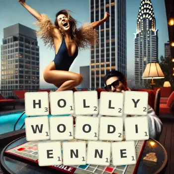Illustration créative d'un jeu de lettres avec le mot HOLLYWOODIENNE épelé sur le plateau.