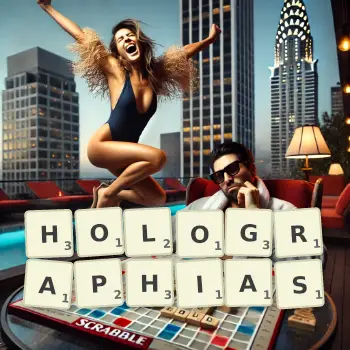 Illustration créative d'un jeu de lettres avec le mot HOLOGRAPHIAS épelé sur le plateau.