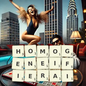 Illustration créative d'un jeu de lettres avec le mot HOMOGENEIFIERAI épelé sur le plateau.