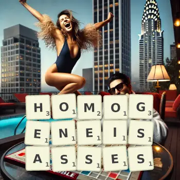 Illustration créative d'un jeu de lettres avec le mot HOMOGENEISASSES épelé sur le plateau.