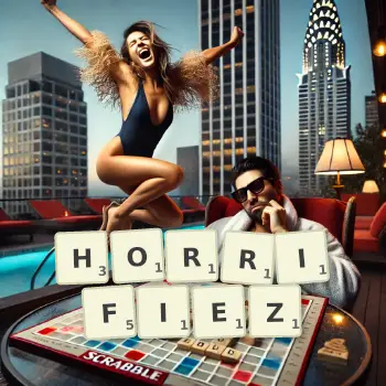 Illustration créative d'un jeu de lettres avec le mot HORRIFIEZ épelé sur le plateau.