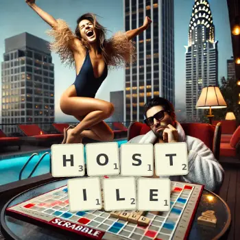 Illustration créative d'un jeu de lettres avec le mot HOSTILE épelé sur le plateau.