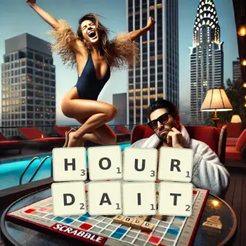 Illustration créative d'un jeu de lettres avec le mot HOURDAIT épelé sur le plateau.