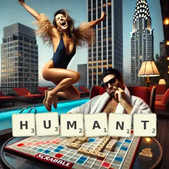 Illustration créative d'un jeu de lettres avec le mot HUMANT épelé sur le plateau.