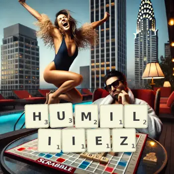 Illustration créative d'un jeu de lettres avec le mot HUMILIIEZ épelé sur le plateau.