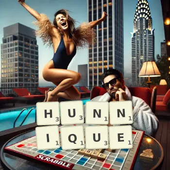 Illustration créative d'un jeu de lettres avec le mot HUNNIQUE épelé sur le plateau.