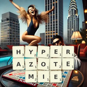 Illustration créative d'un jeu de lettres avec le mot HYPERAZOTEMIE épelé sur le plateau.