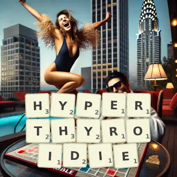 Illustration créative d'un jeu de lettres avec le mot HYPERTHYROIDIE épelé sur le plateau.