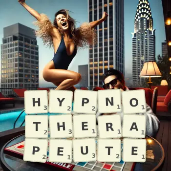 Illustration créative d'un jeu de lettres avec le mot HYPNOTHERAPEUTE épelé sur le plateau.