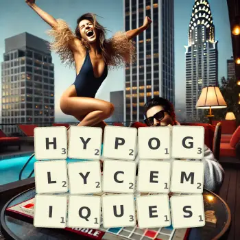 Illustration créative d'un jeu de lettres avec le mot HYPOGLYCEMIQUES épelé sur le plateau.