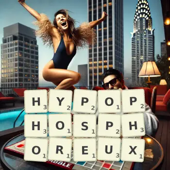 Illustration créative d'un jeu de lettres avec le mot HYPOPHOSPHOREUX épelé sur le plateau.