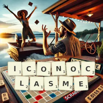 Illustration créative d'un jeu de lettres avec le mot ICONOCLASME épelé sur le plateau.