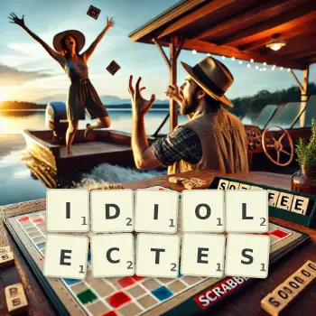 Illustration créative d'un jeu de lettres avec le mot IDIOLECTES épelé sur le plateau.
