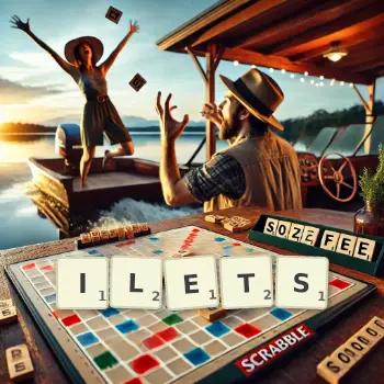 Illustration créative d'un jeu de lettres avec le mot ILETS épelé sur le plateau.