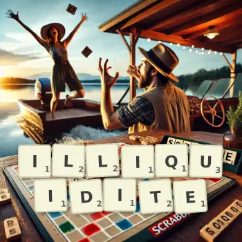 Illustration créative d'un jeu de lettres avec le mot ILLIQUIDITE épelé sur le plateau.