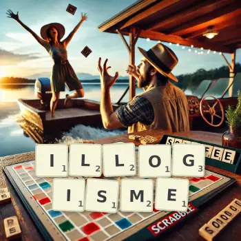 Illustration créative d'un jeu de lettres avec le mot ILLOGISME épelé sur le plateau.