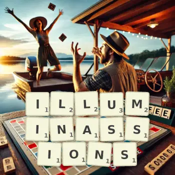 Illustration créative d'un jeu de lettres avec le mot ILLUMINASSIONS épelé sur le plateau.