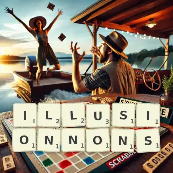 Illustration créative d'un jeu de lettres avec le mot ILLUSIONNONS épelé sur le plateau.