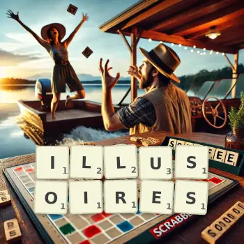 Illustration créative d'un jeu de lettres avec le mot ILLUSOIRES épelé sur le plateau.