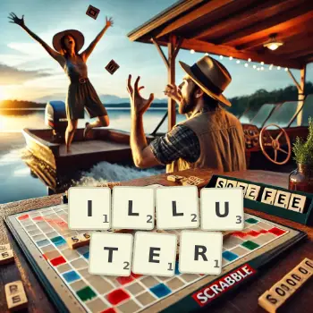 Illustration créative d'un jeu de lettres avec le mot ILLUTER épelé sur le plateau.