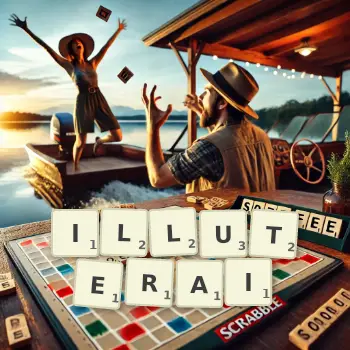 Illustration créative d'un jeu de lettres avec le mot ILLUTERAI épelé sur le plateau.