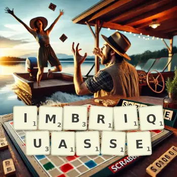 Illustration créative d'un jeu de lettres avec le mot IMBRIQUASSE épelé sur le plateau.