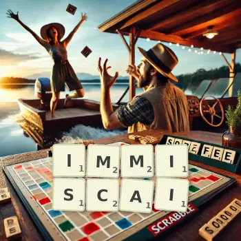 Illustration créative d'un jeu de lettres avec le mot IMMISCAI épelé sur le plateau.