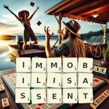 Illustration créative d'un jeu de lettres avec le mot IMMOBILISASSENT épelé sur le plateau.
