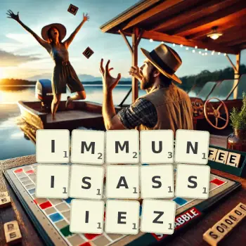 Illustration créative d'un jeu de lettres avec le mot IMMUNISASSIEZ épelé sur le plateau.