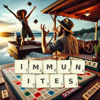 Illustration créative d'un jeu de lettres avec le mot IMMUNITES épelé sur le plateau.