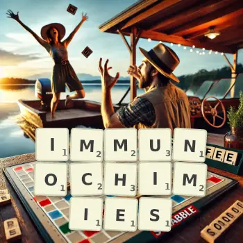 Illustration créative d'un jeu de lettres avec le mot IMMUNOCHIMIES épelé sur le plateau.