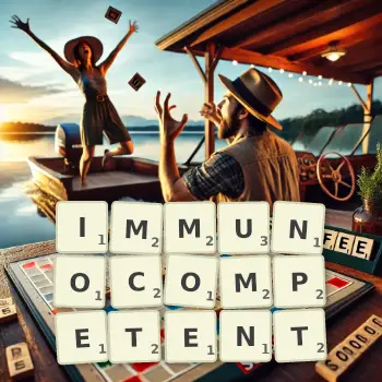 Illustration créative d'un jeu de lettres avec le mot IMMUNOCOMPETENT épelé sur le plateau.