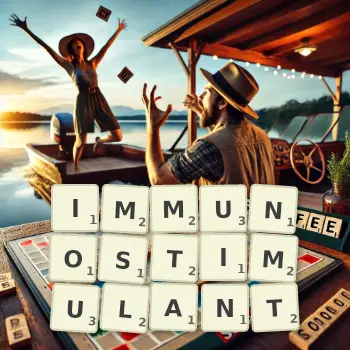 Illustration créative d'un jeu de lettres avec le mot IMMUNOSTIMULANT épelé sur le plateau.