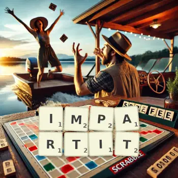 Illustration créative d'un jeu de lettres avec le mot IMPARTIT épelé sur le plateau.