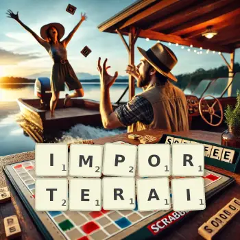 Illustration créative d'un jeu de lettres avec le mot IMPORTERAI épelé sur le plateau.
