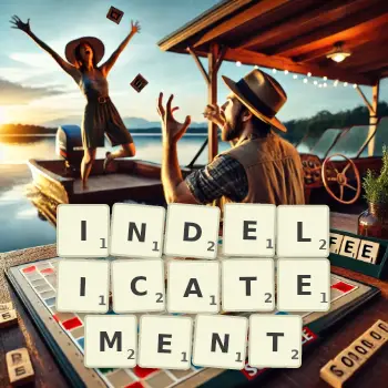 Illustration créative d'un jeu de lettres avec le mot INDELICATEMENT épelé sur le plateau.