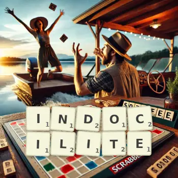 Illustration créative d'un jeu de lettres avec le mot INDOCILITE épelé sur le plateau.