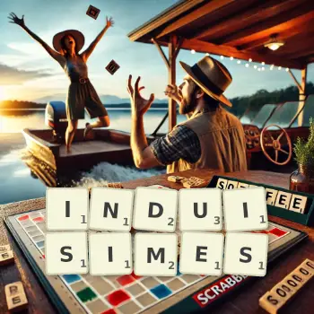 Illustration créative d'un jeu de lettres avec le mot INDUISIMES épelé sur le plateau.
