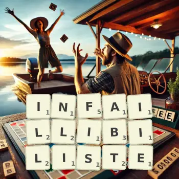 Illustration créative d'un jeu de lettres avec le mot INFAILLIBILISTE épelé sur le plateau.