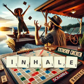 Illustration créative d'un jeu de lettres avec le mot INHALE épelé sur le plateau.