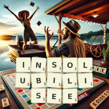 Illustration créative d'un jeu de lettres avec le mot INSOLUBILISEE épelé sur le plateau.