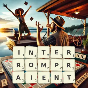 Illustration créative d'un jeu de lettres avec le mot INTERROMPRAIENT épelé sur le plateau.