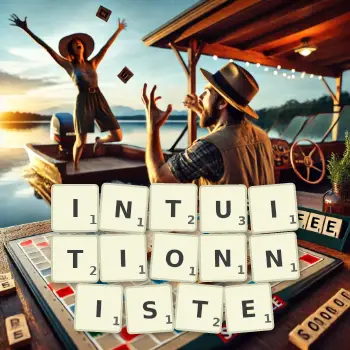 Illustration créative d'un jeu de lettres avec le mot INTUITIONNISTE épelé sur le plateau.