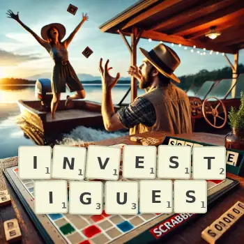 Illustration créative d'un jeu de lettres avec le mot INVESTIGUES épelé sur le plateau.