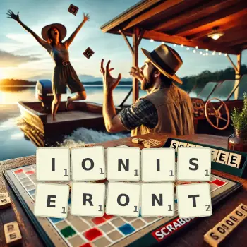Illustration créative d'un jeu de lettres avec le mot IONISERONT épelé sur le plateau.