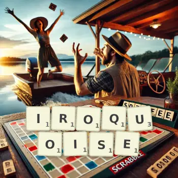 Illustration créative d'un jeu de lettres avec le mot IROQUOISE épelé sur le plateau.