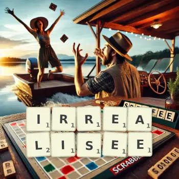 Illustration créative d'un jeu de lettres avec le mot IRREALISEE épelé sur le plateau.
