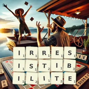 Illustration créative d'un jeu de lettres avec le mot IRRESISTIBILITE épelé sur le plateau.
