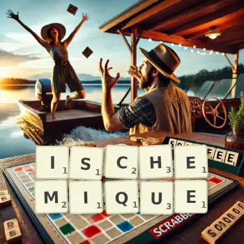 Illustration créative d'un jeu de lettres avec le mot ISCHEMIQUE épelé sur le plateau.